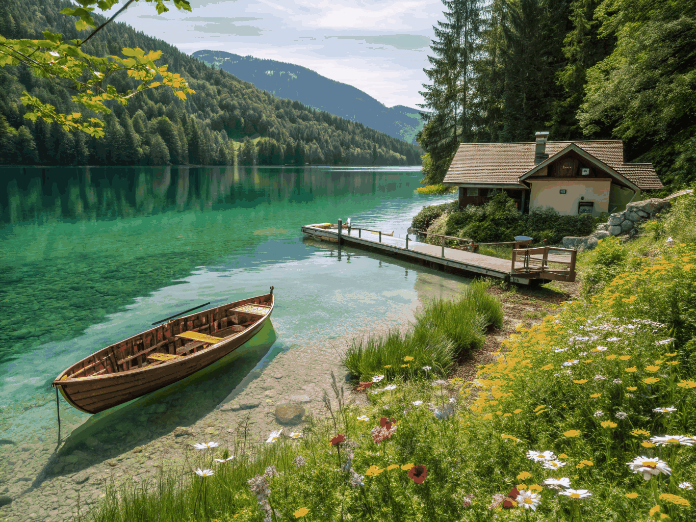 Timber houses mirrored in a quiet Austrian mountain lake