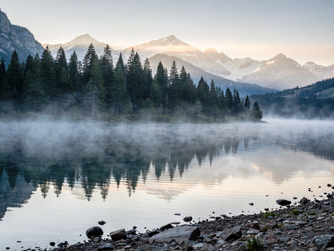 Emerald alpine lake surrounded by thick Bavarian pine forests