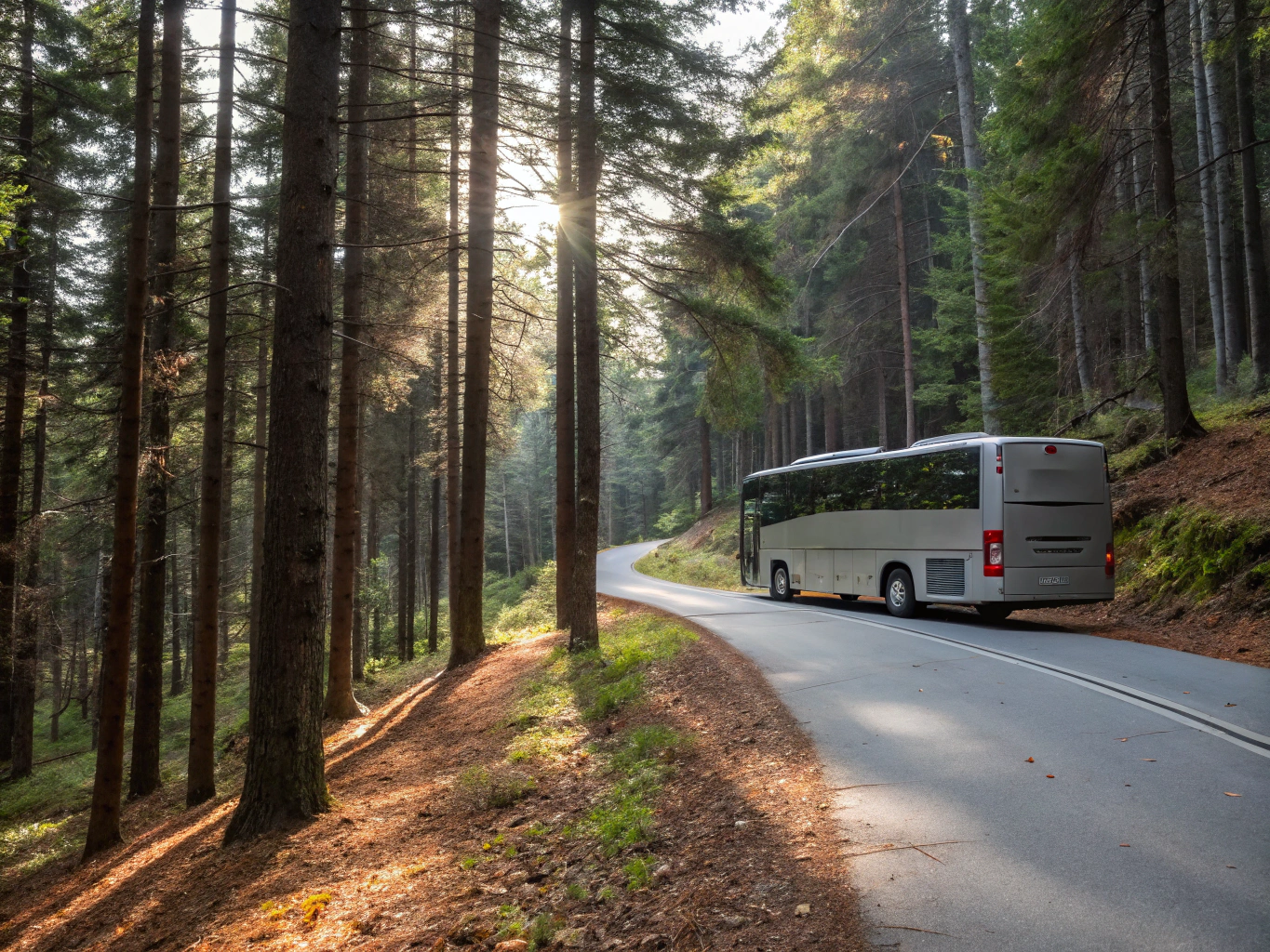 Sunlight filtering through evergreen forest canopies in Germany