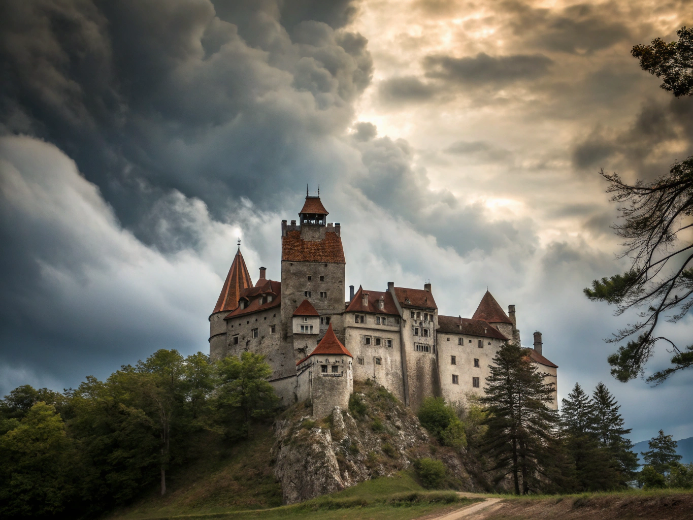 Gotisk festning ved Bran-slottet på en klippeås i skumringen i Transilvania, Romania