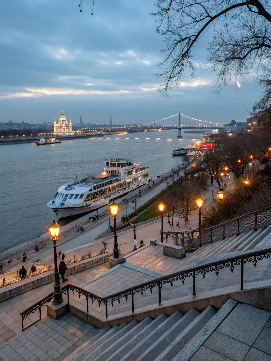 Illuminated Hungarian Parliament and historic stone bridges reflected in the Danube River at dusk