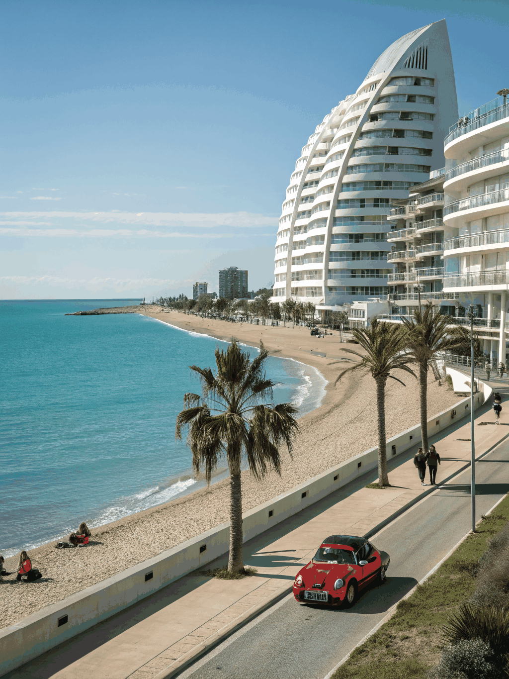 Iconic palm-fringed Boulevard de la Croisette in Cannes lined with luxury beachfront resorts and blue water