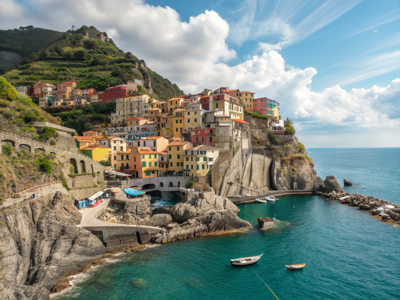 Landsbyer på klippene og terrasserte vinmarker i Cinque Terre, Italia