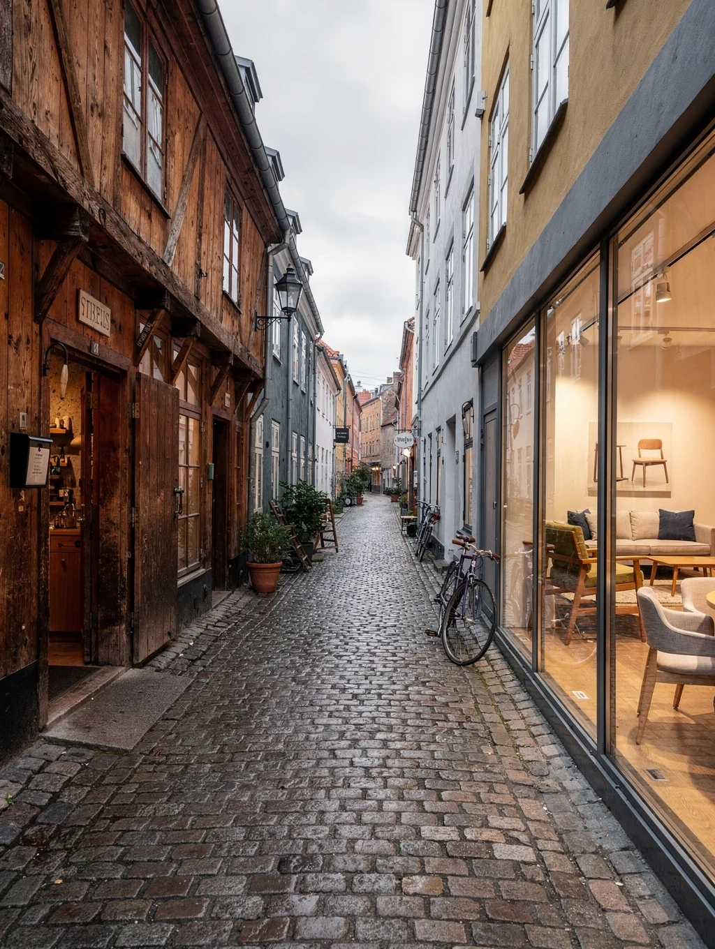 Historic cobblestone street in Copenhagen framed by minimalist design studios and warm timber storefronts