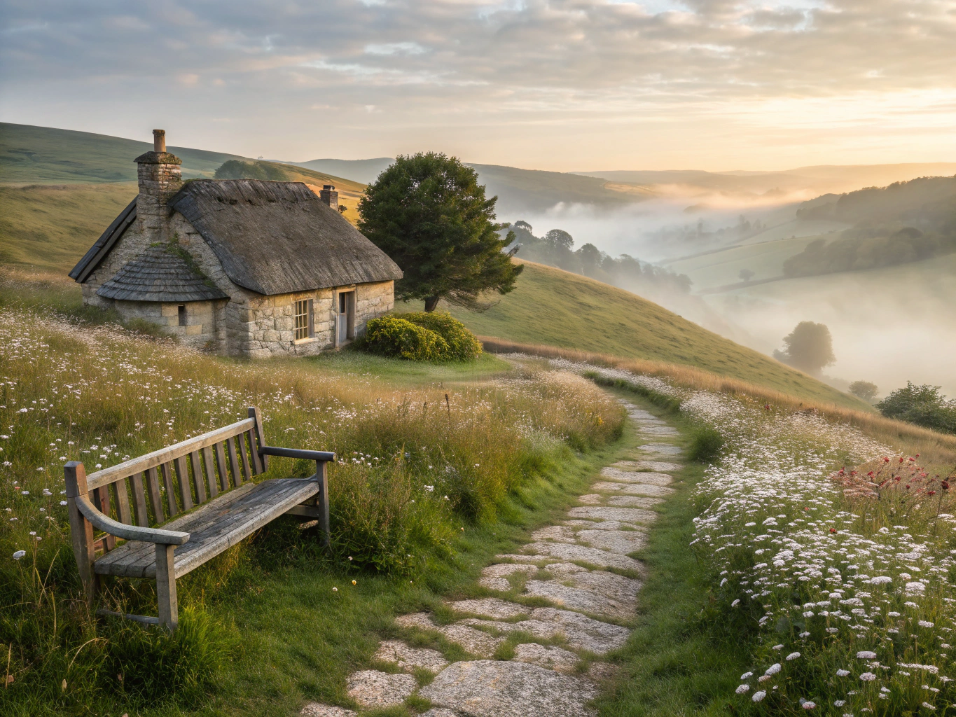 Cottages built from honey limestone alongside a calm river
