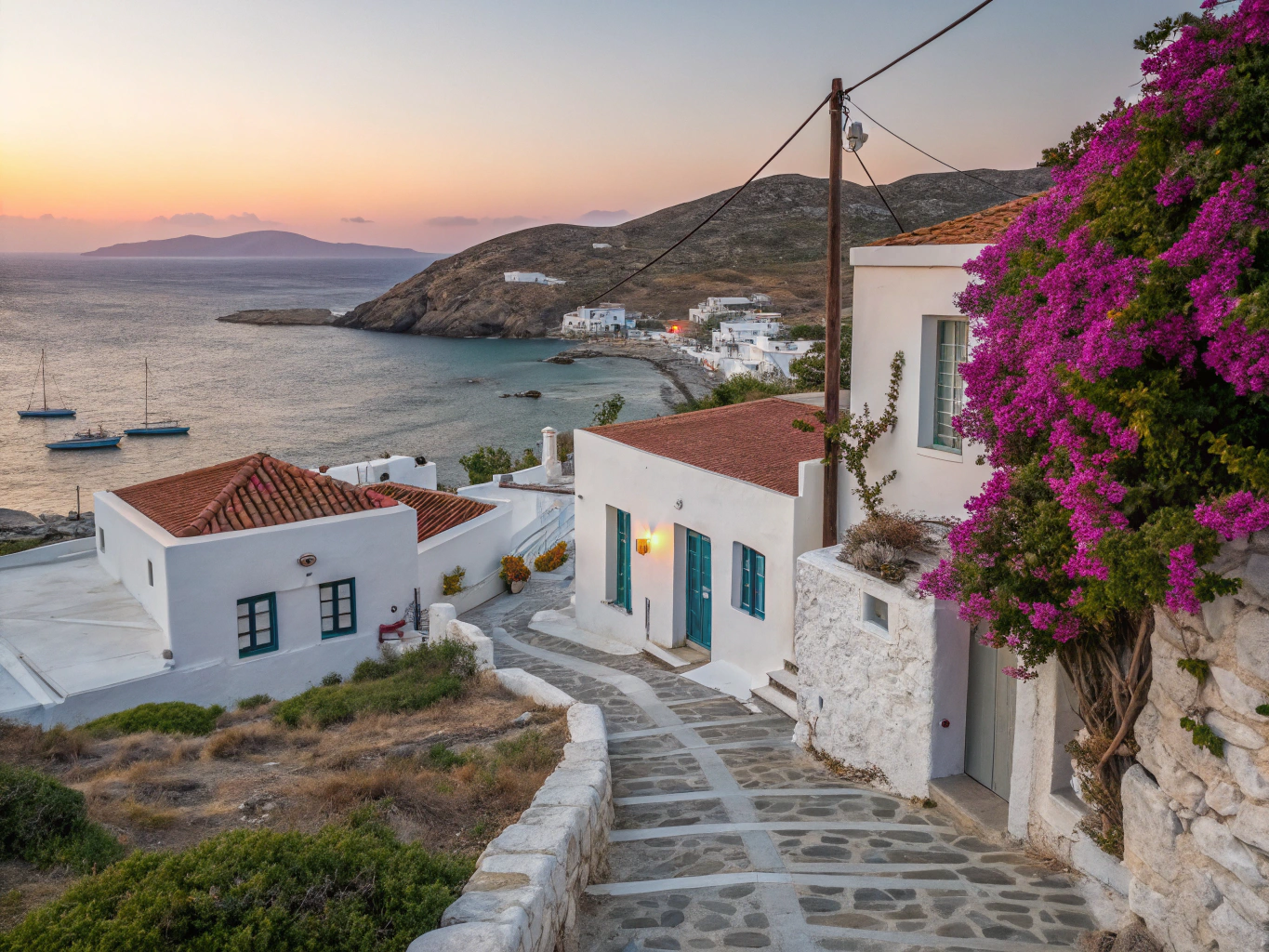 Whitewashed harbor village and fishing boats in the Greek islands