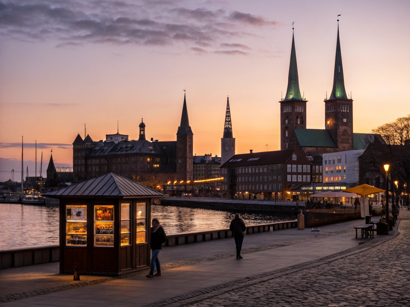 Historic timber-framed Danish merchant quarters and modern canal docks in Aarhus