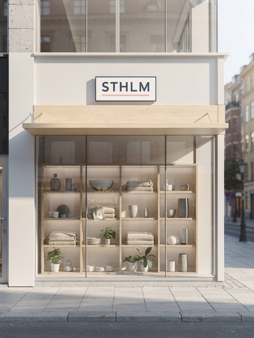 Historic cobblestone street in Copenhagen framed by minimalist design studios and warm timber storefronts
