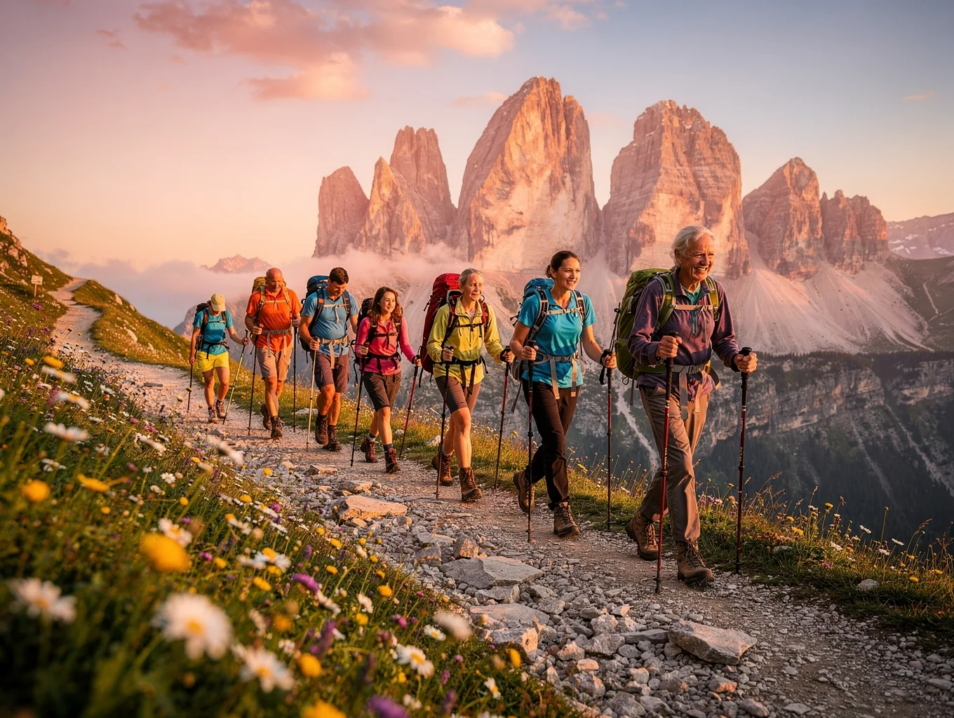 Jagged limestone peaks of the Italian Dolomites at golden hour