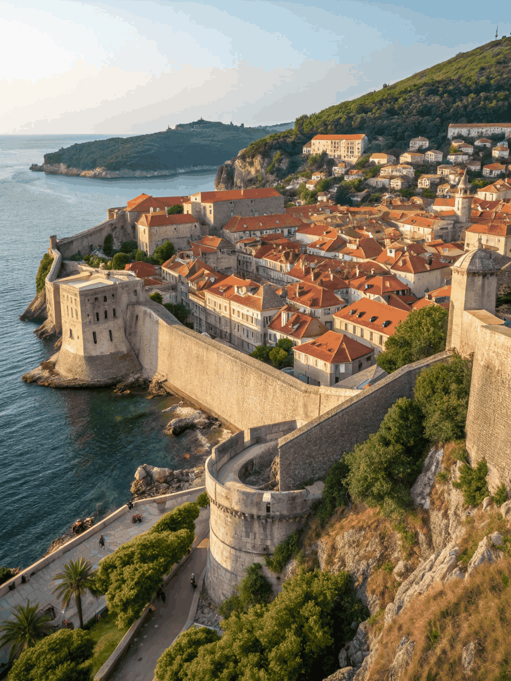 Sun-drenched terracotta rooftops and medieval stone ramparts of Dubrovnik bordering the turquoise Adriatic Sea