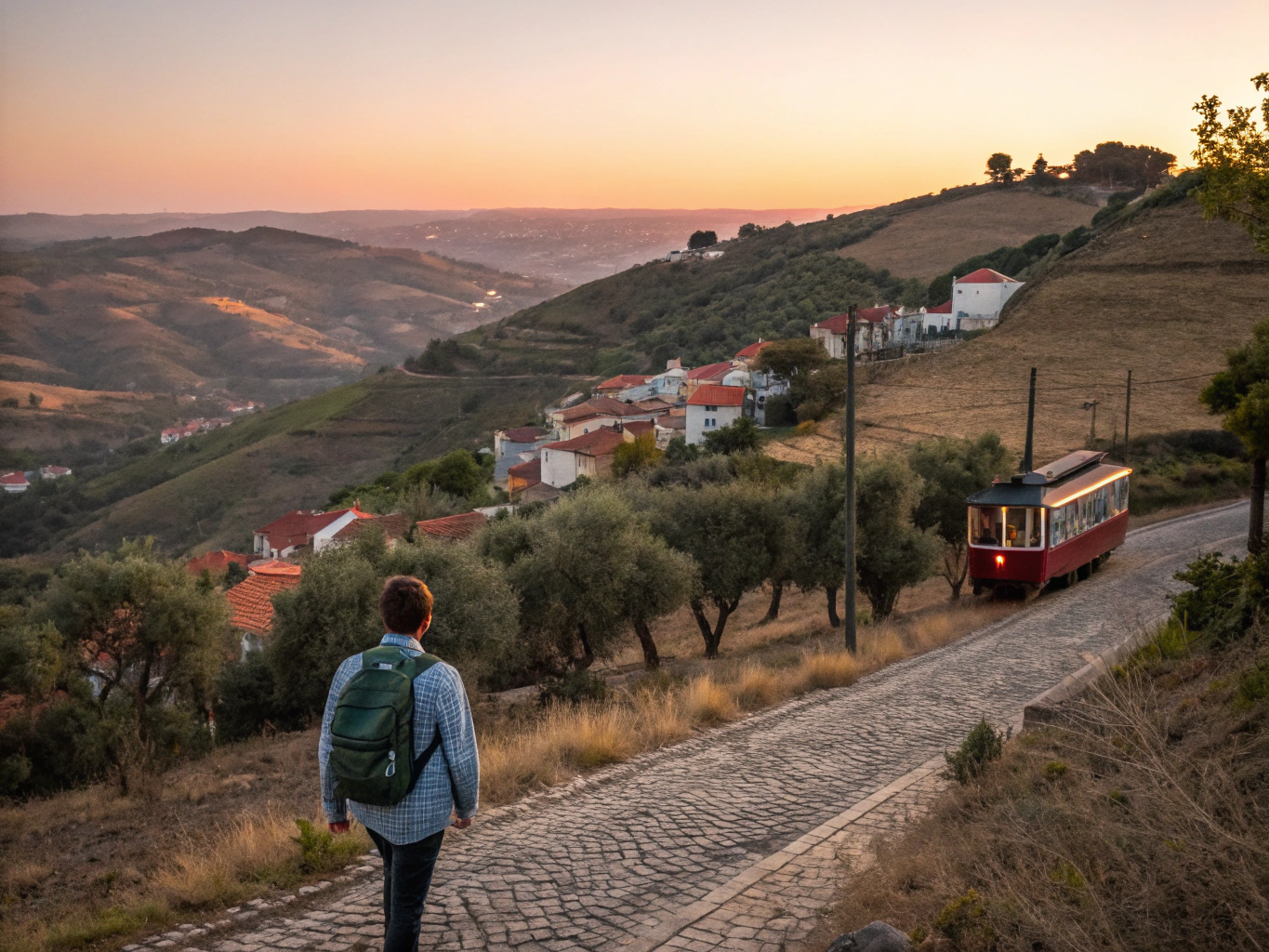 Whitewashed farm estate in Alentejo Portugal at golden hour