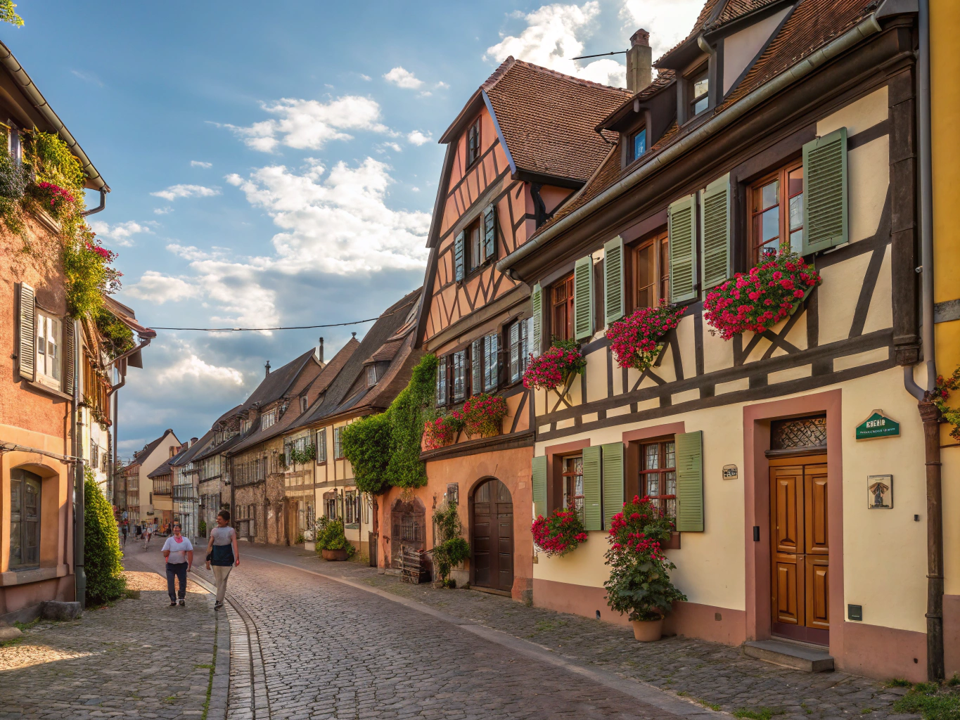 Colourful half-timbered houses and flower boxes in an Alsatian village