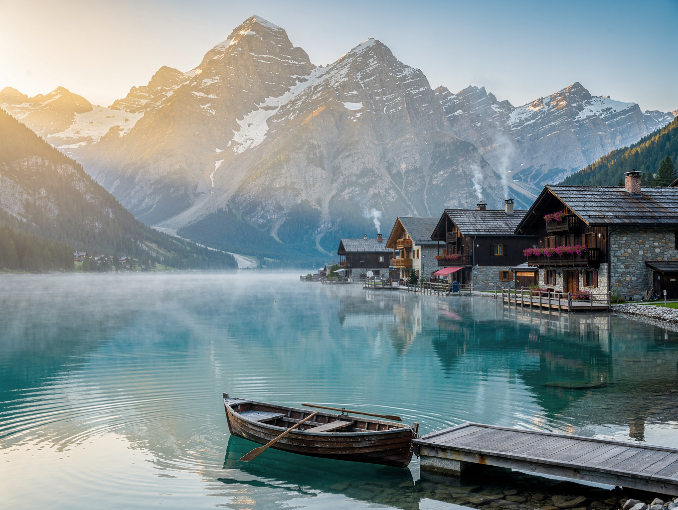 Bavarian alpine chalet by a clear lake with mountain reflections