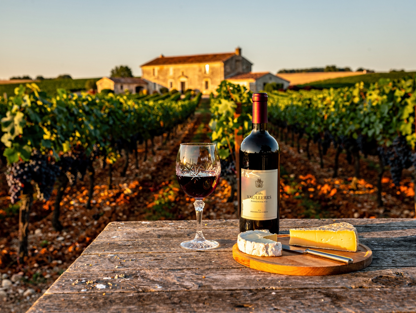 Sunlit vineyard rows and historic stone chateau in Bordeaux France