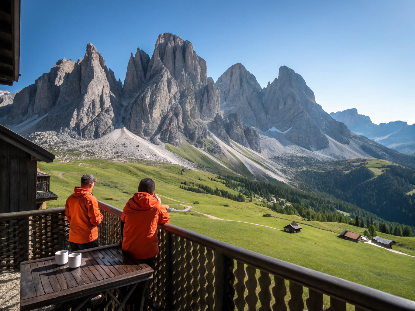 Lush alpine valley and jagged Dolomite mountain peaks in Italy