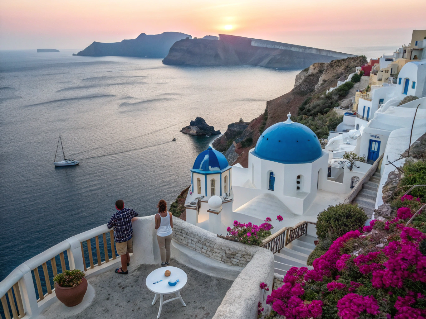 White cubic architecture and bougainvillea on a quiet Greek island street