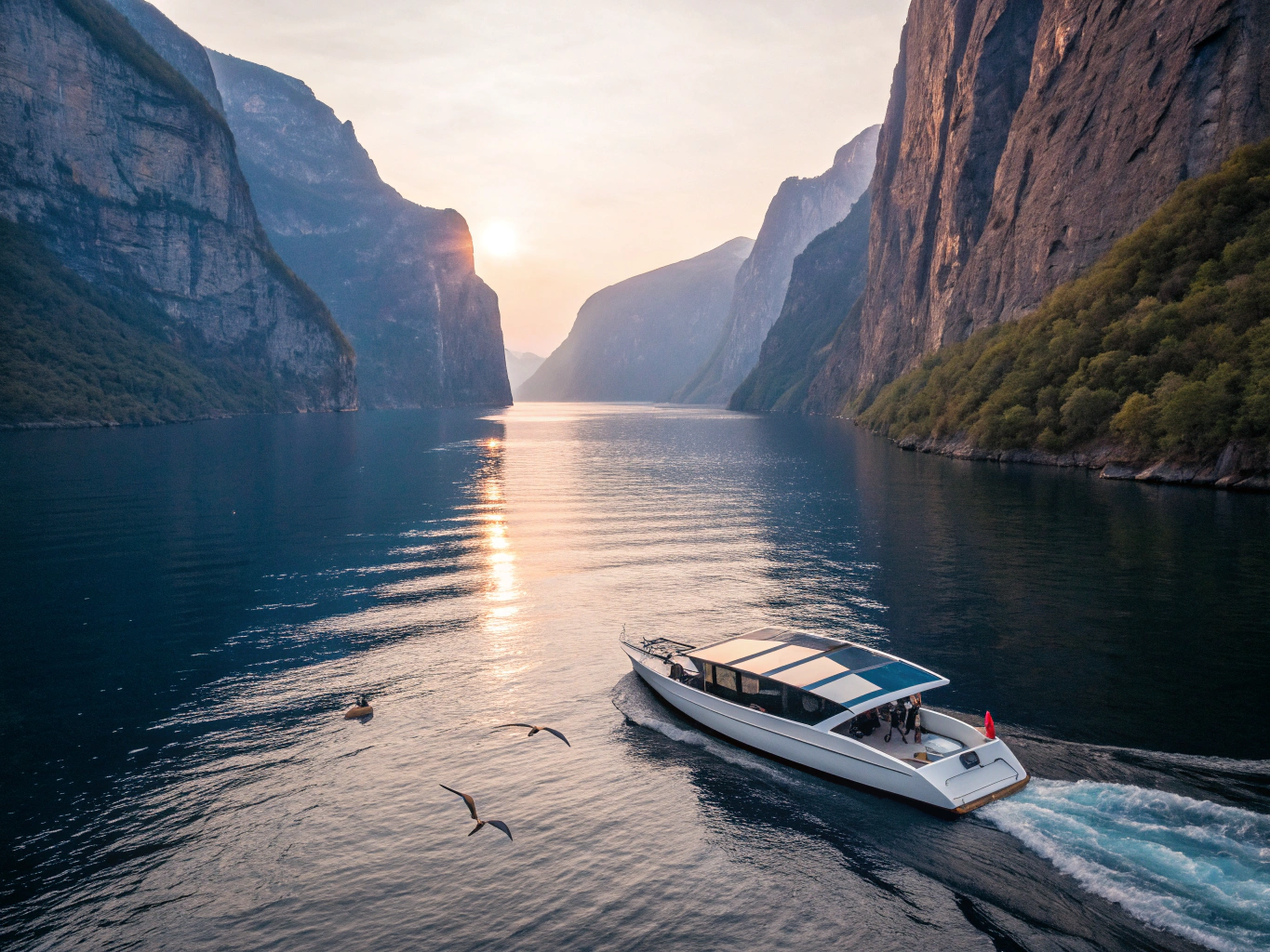 Traditional red wooden boathouse on the calm waters of a Norwegian fjord