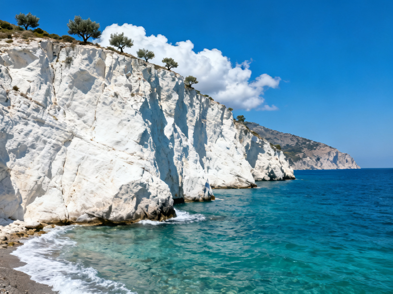 Historic stone tower dwelling overlooking deep blue Greek coastal waters