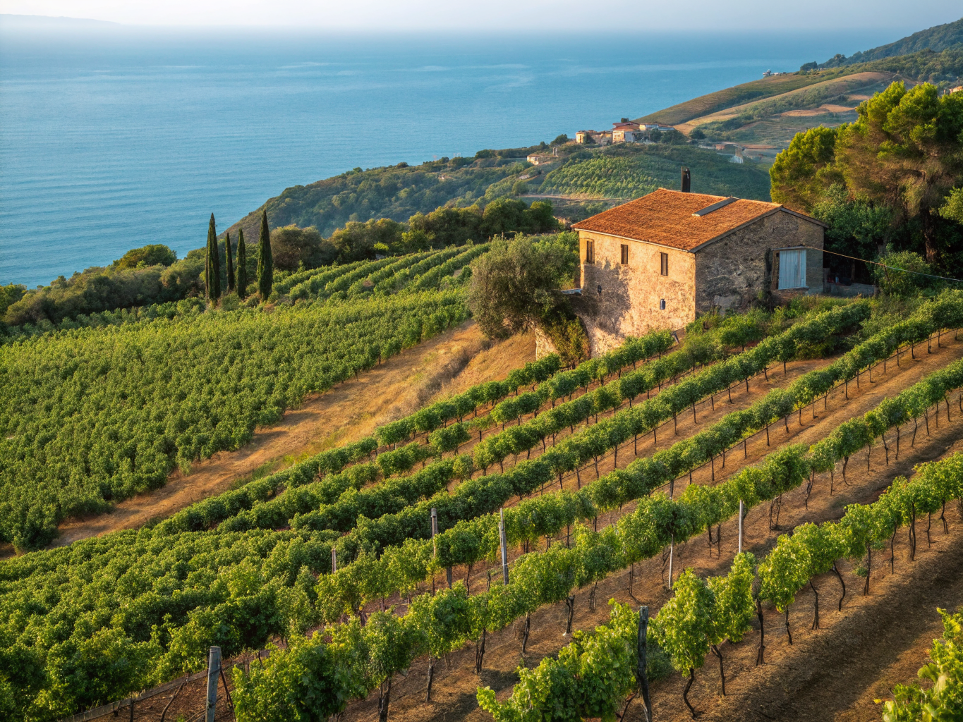 Morning mist rising over terraced vineyards and castles in Piedmont Italy