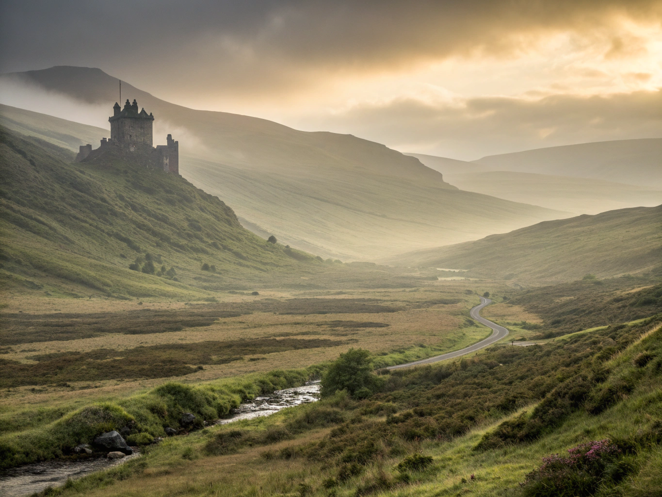 Misty Scottish Highland valley with pine forest and secluded stone cottage