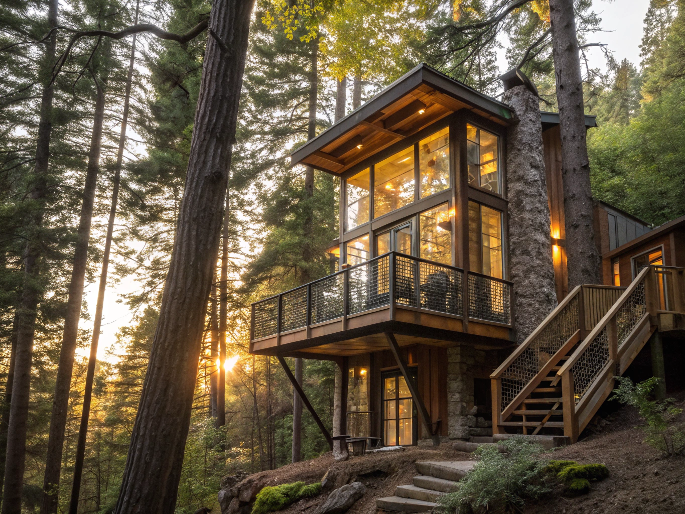 Subtle treehouse shelter surrounded by Scandinavian pine and birch trees