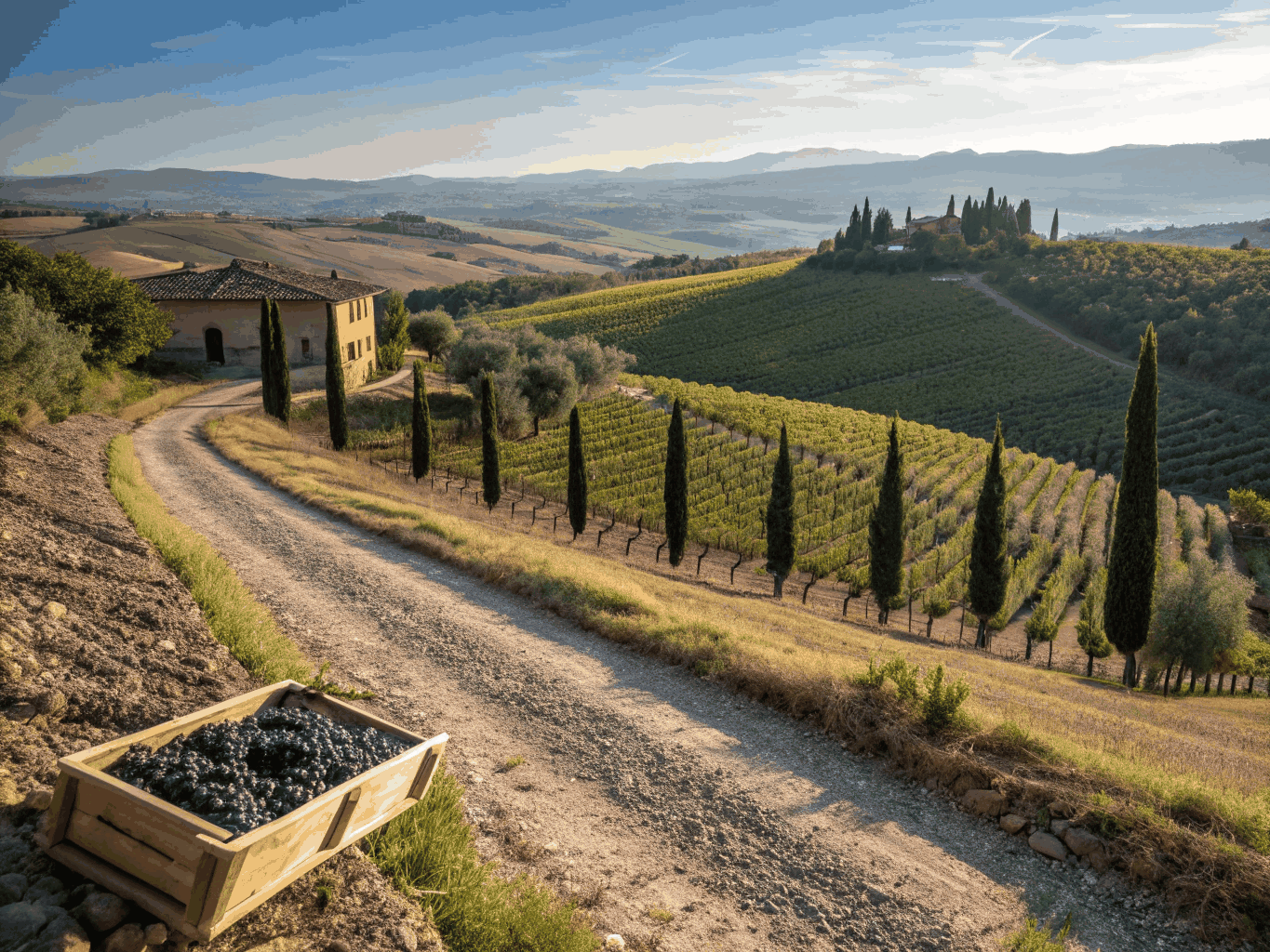 Iconic cypress tree lined gravel road in the rolling hills of Tuscany