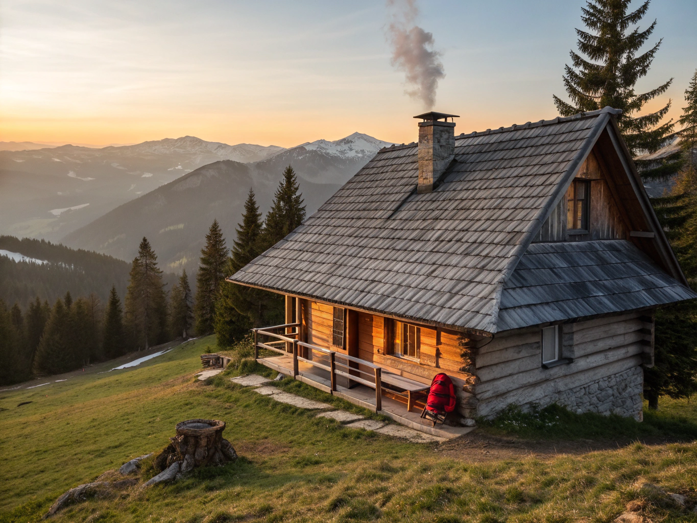 Wooden Tyrolean alpine refuge surrounded by dramatic jagged limestone peaks