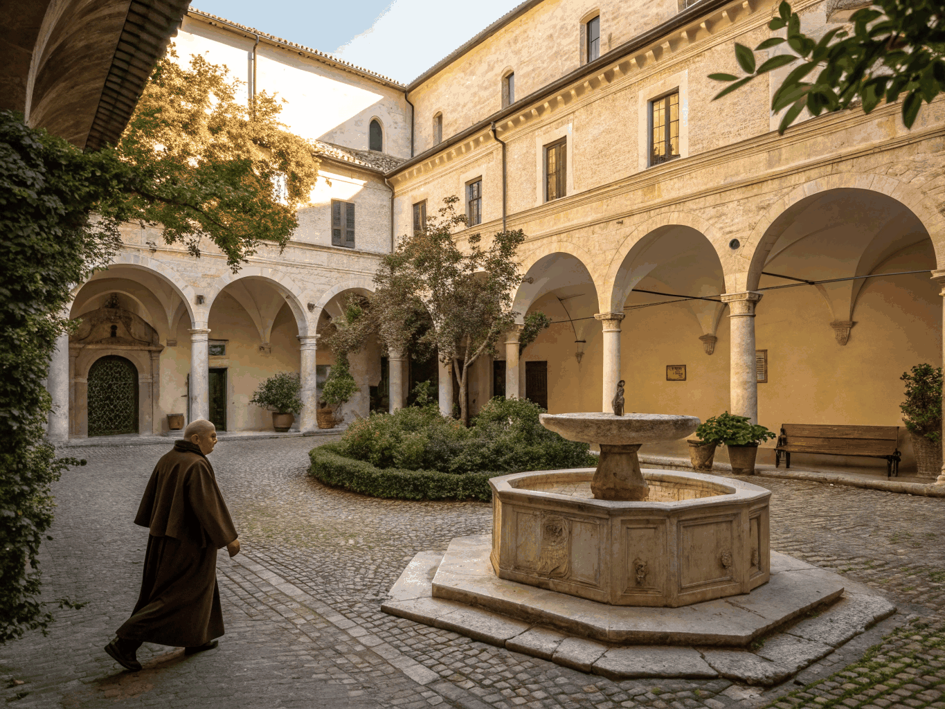 Ancient stone abbey cloister surrounded by lush green Umbrian hills