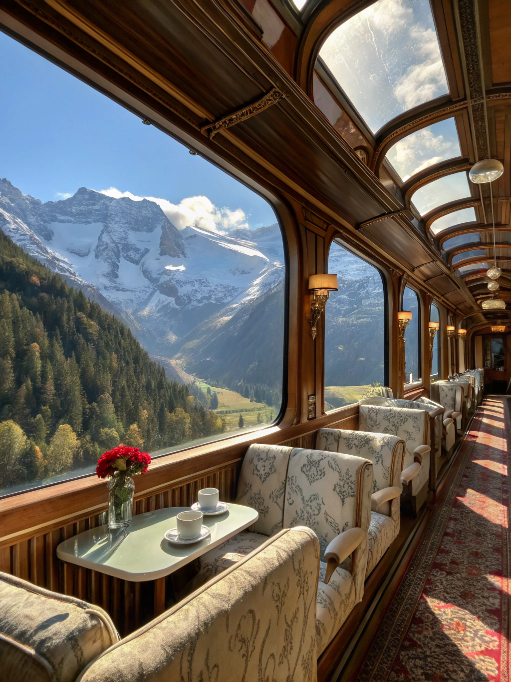 Interior of an elegant first-class observation train carriage travelling past rugged snow peaks
