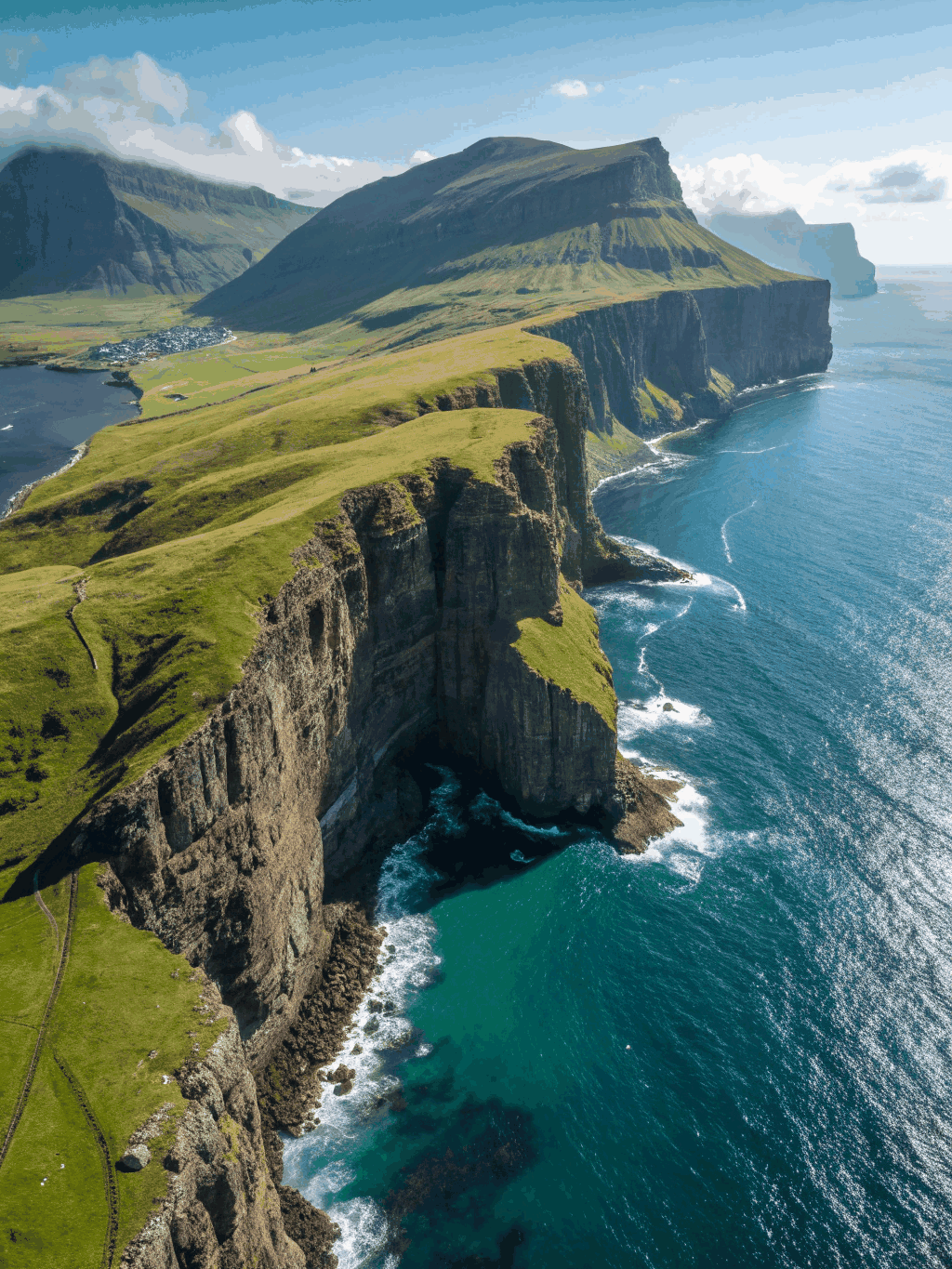 Dramatic green turf-roofed stone cottages perched beneath monolithic sea cliffs in the Faroe Islands