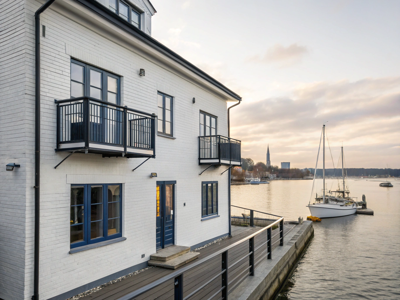 Clean Scandinavian harbor architecture and waterfront promenades bathed in morning light in Helsinki