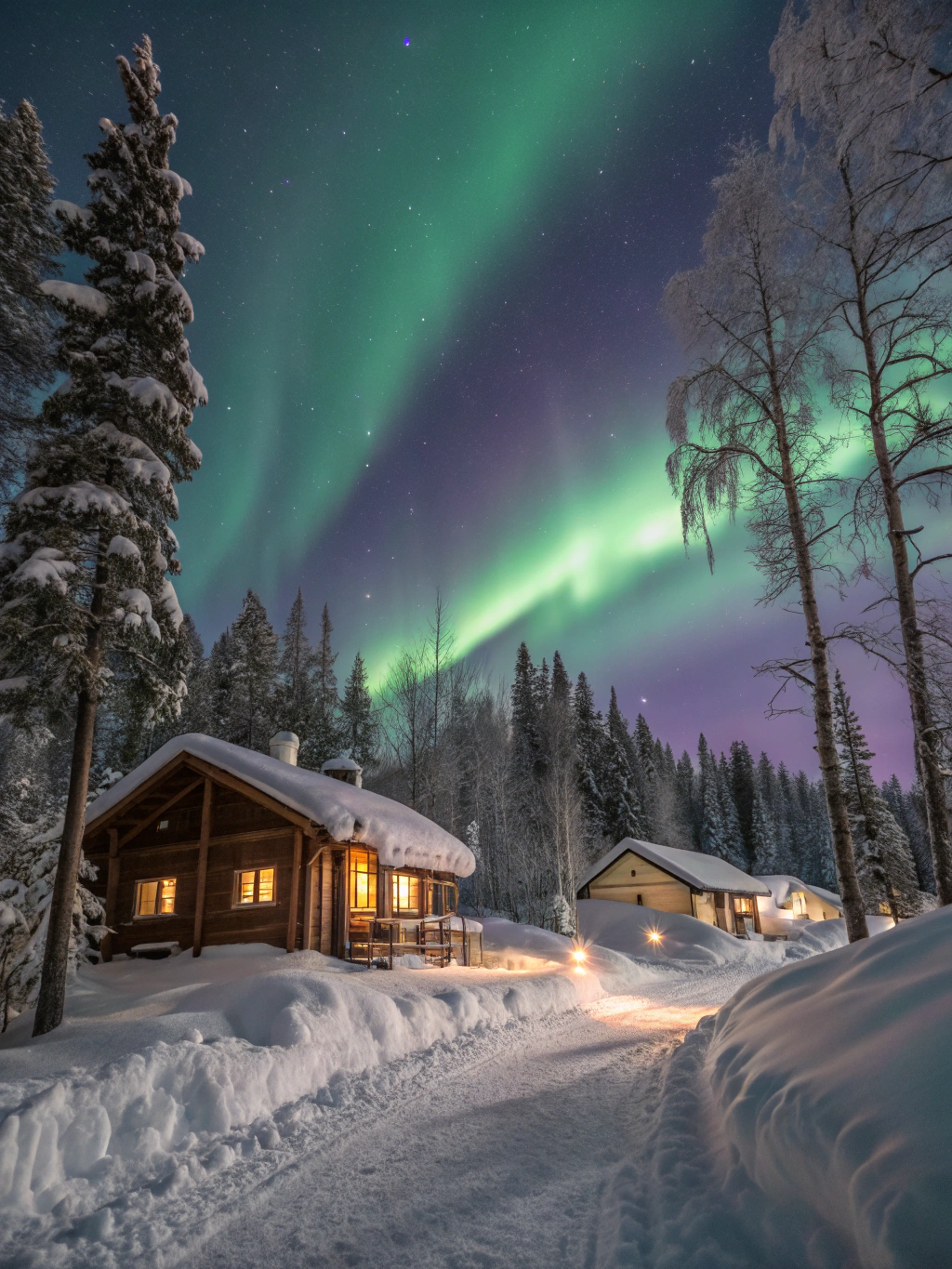 Snow-laden pine trees and glowing timber cottages along the Arctic Circle near Rovaniemi