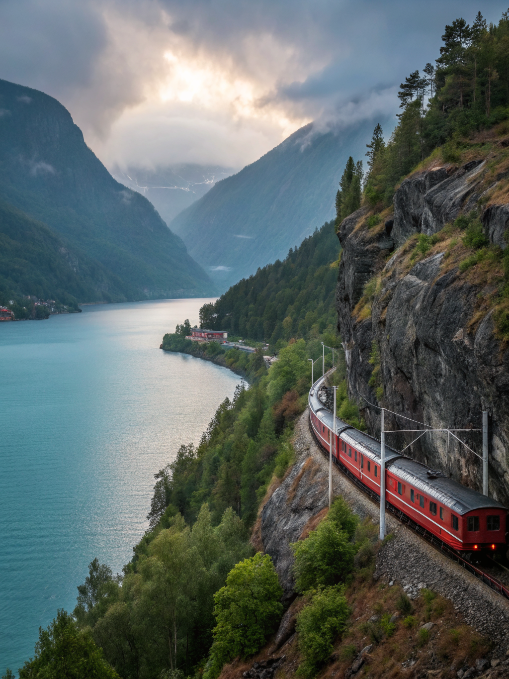 Classic passenger train navigating a winding mountain track past waterfalls and verdant valleys near Flåm