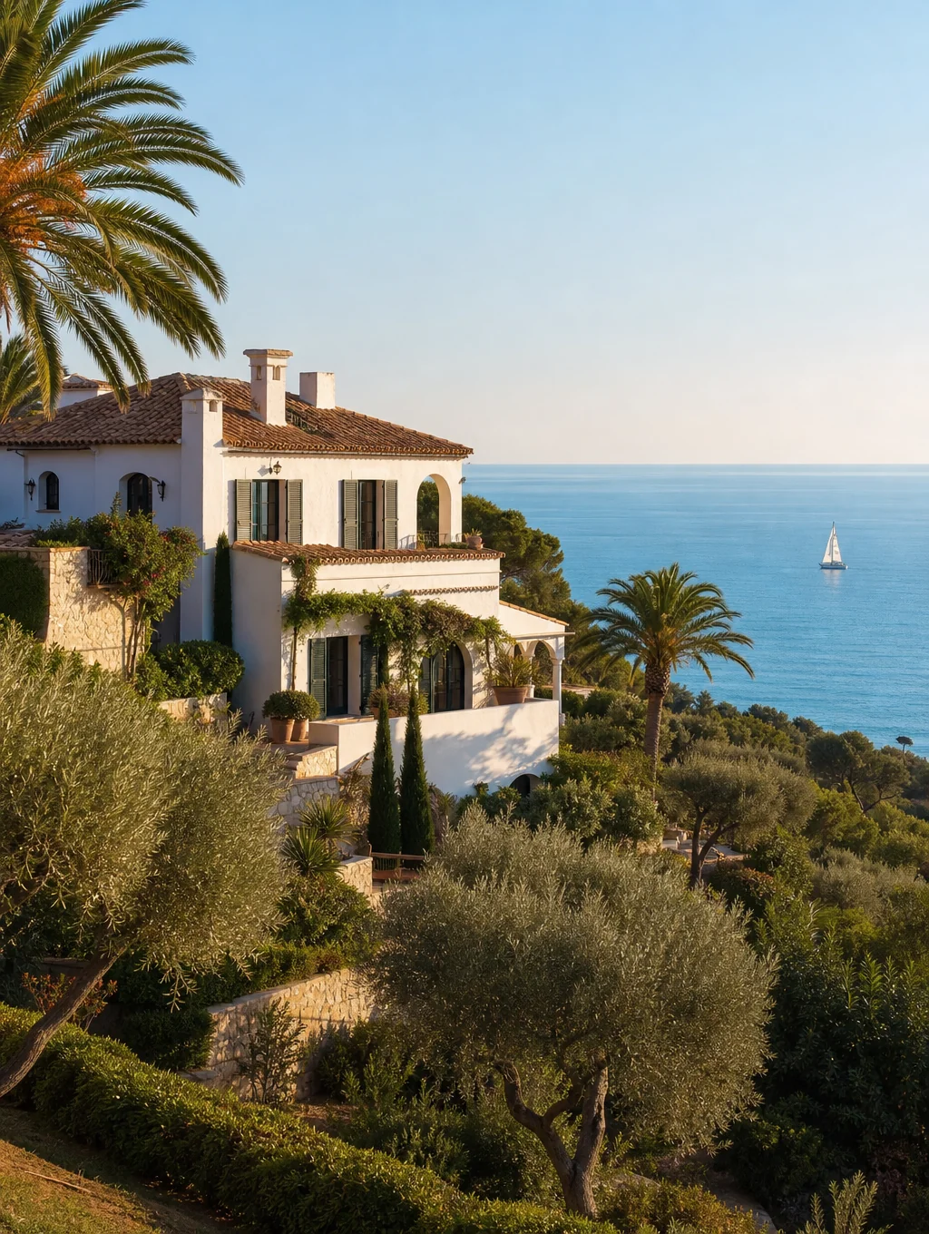 Sunlit luxury cliffside estate overlooking azure Mediterranean waters along the French Riviera