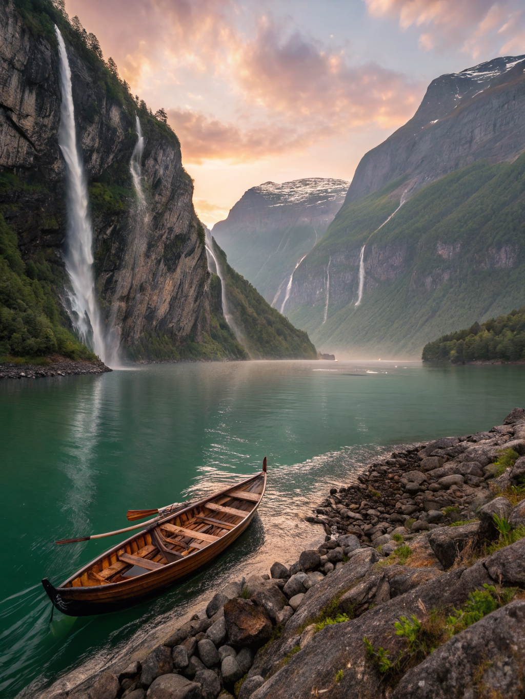 Cascading glacial waterfalls pouring down sheer rocky canyon cliffs directly into Geirangerfjord