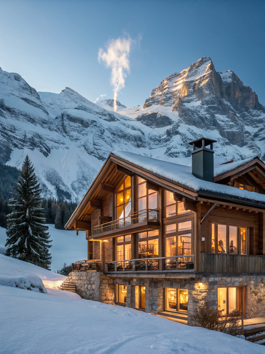 Traditional timber luxury chalet in Gstaad glowing against snowy alpine mountain slopes