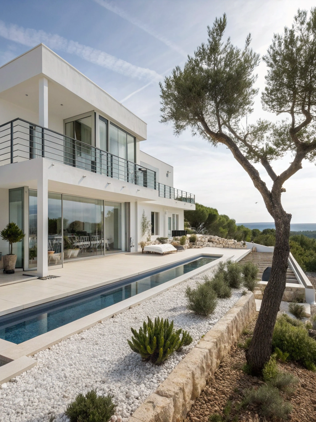 White modern villa terrace with infinity pool looking out over turquoise Mediterranean waters in Ibiza