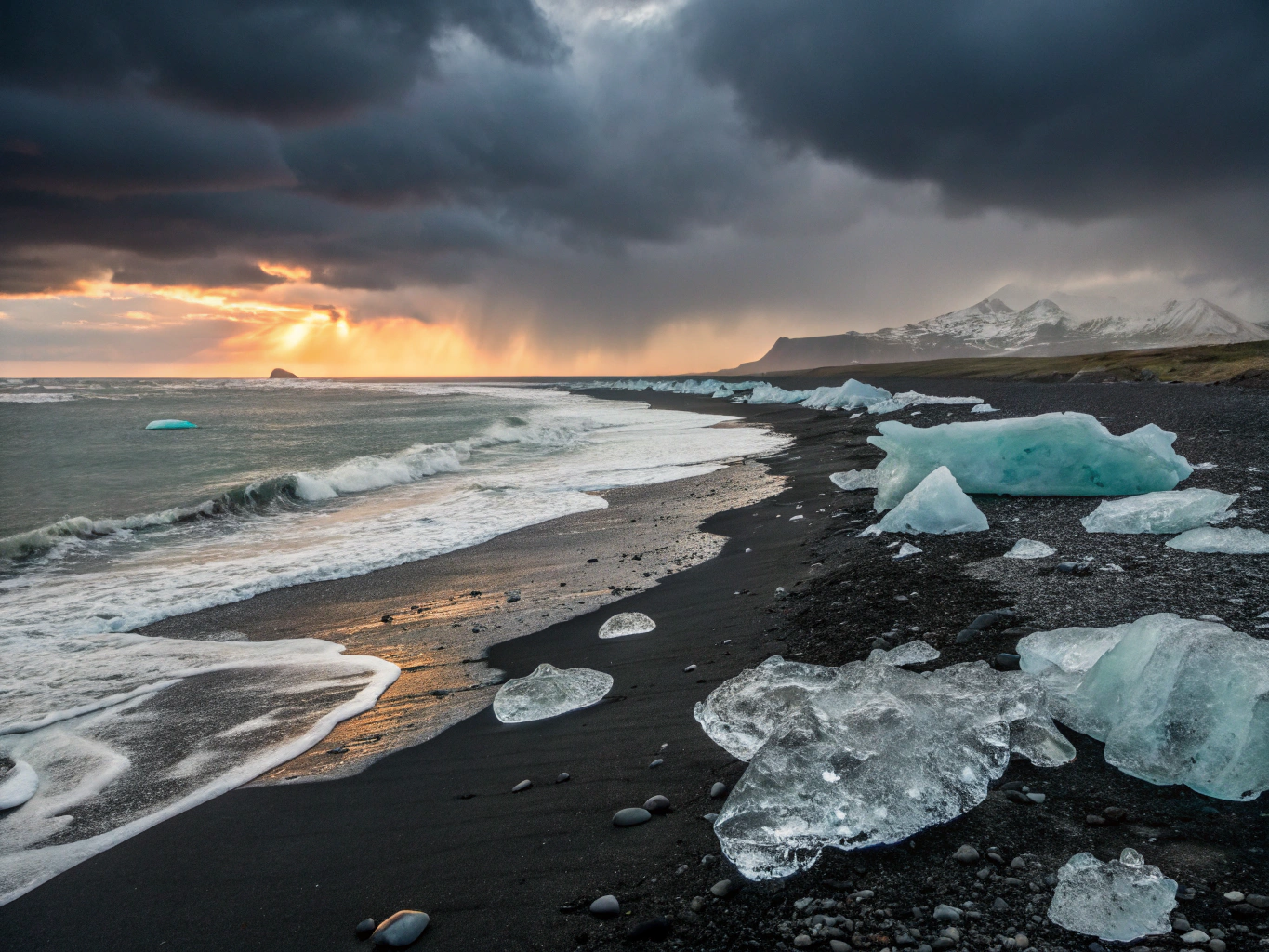 Basalt cliffs and black sand beaches under dramatic skies in Iceland