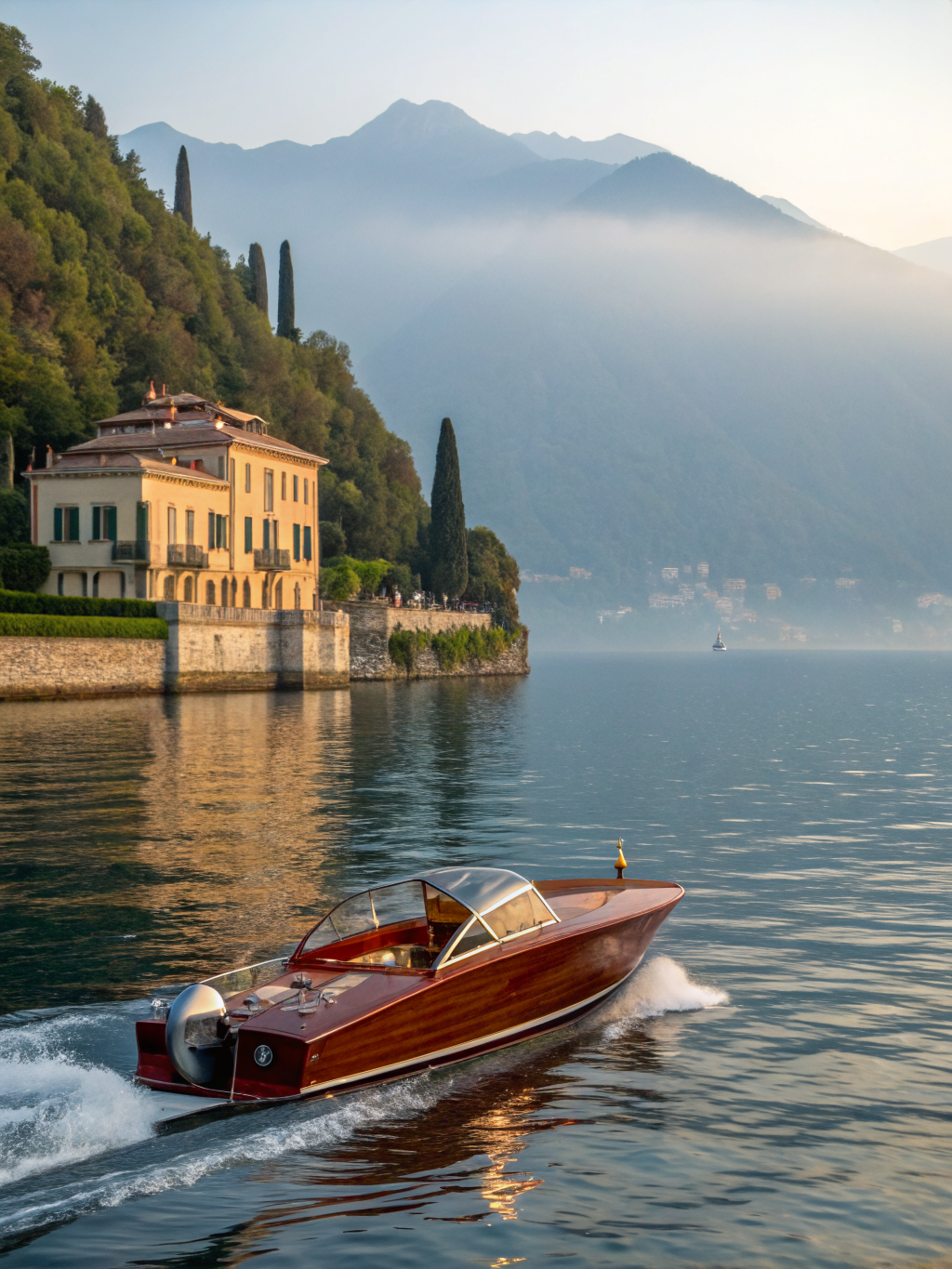Historic neoclassical villa with stone colonnades and classic mahogany speedboat docked on Lake Como