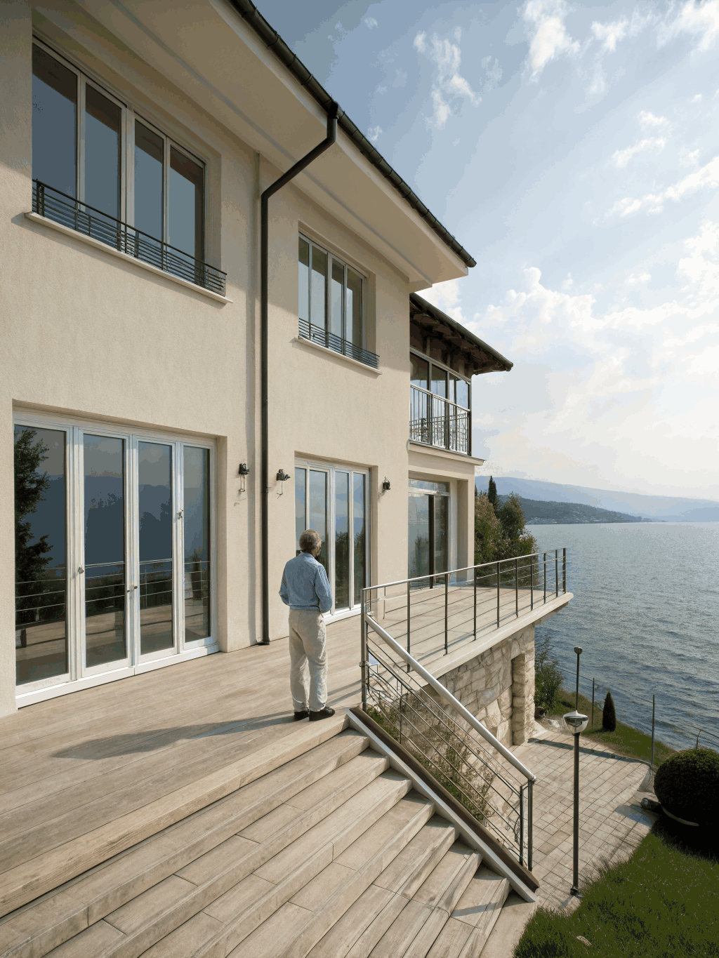 Lakeside luxury villa with stone terrace overlooking tranquil waters of Lake Garda