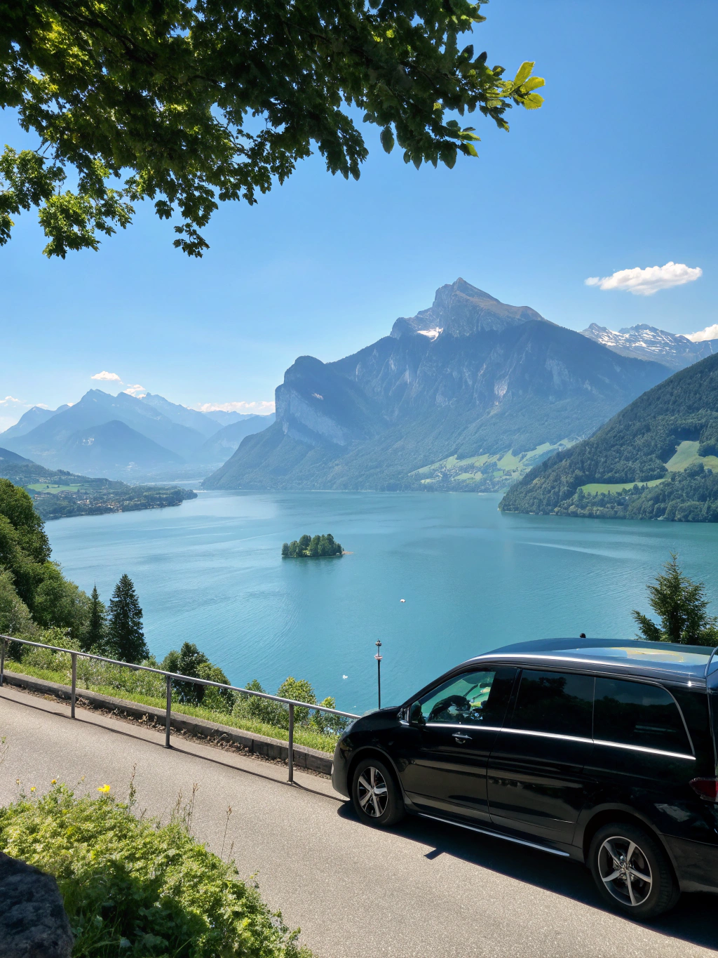 Belle Époque grand hotel situated on the shores of Lake Lucerne with snow-capped mountain peaks in the background