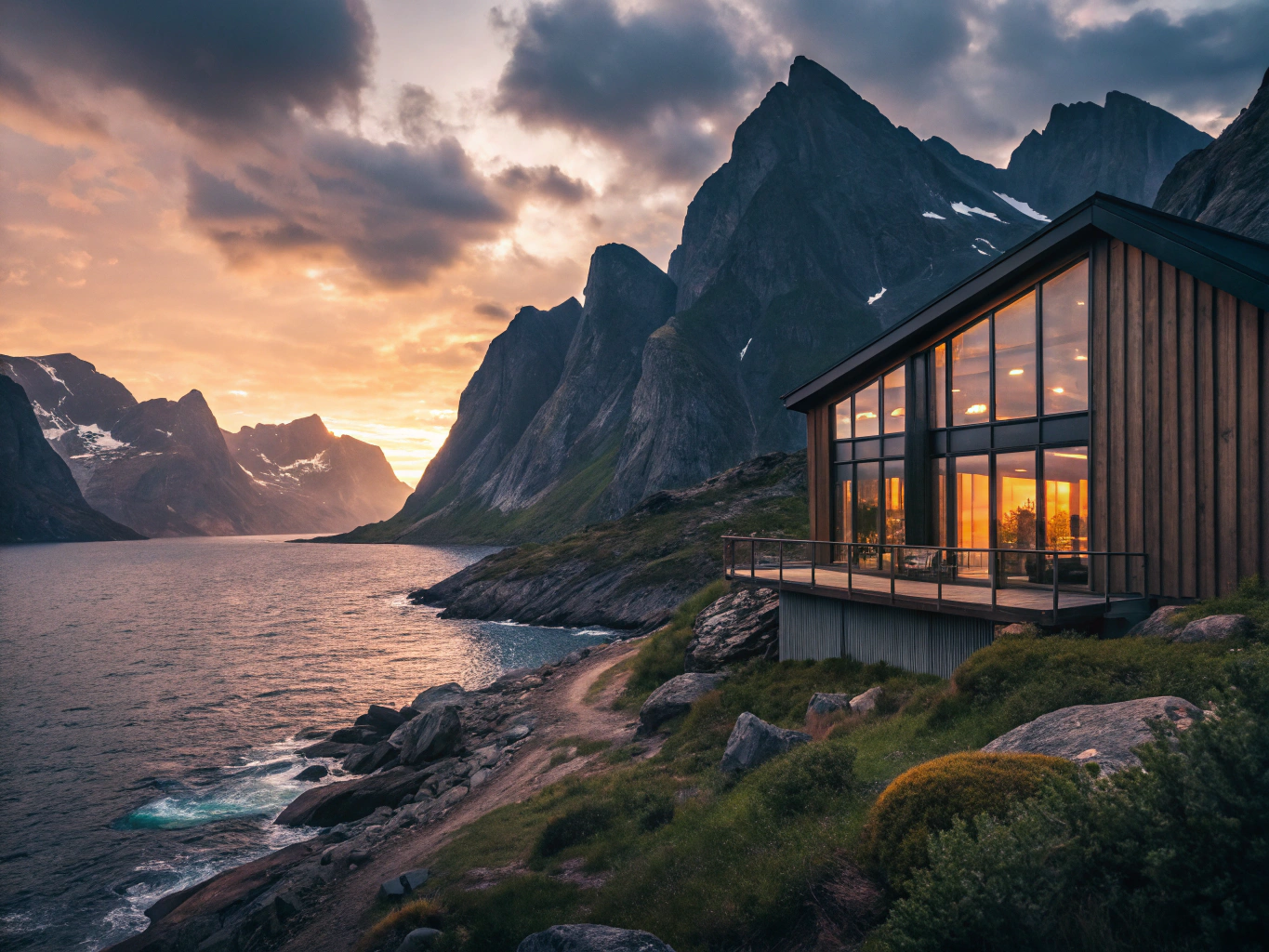 Red fishing cabins on stilts backed by sharp granite peaks in Lofoten
