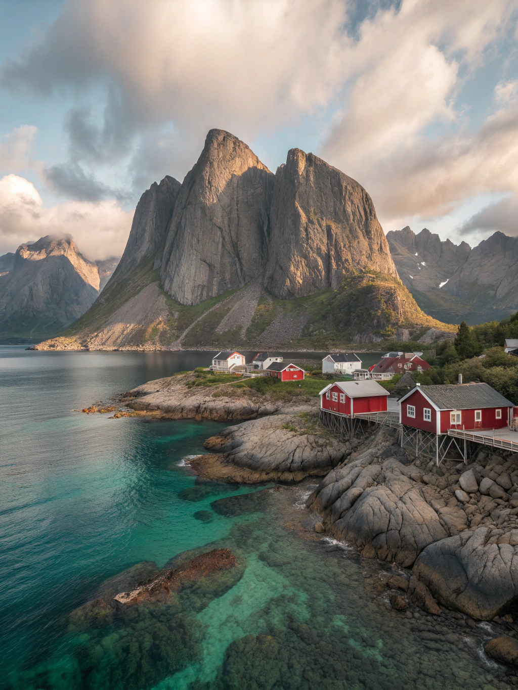 Authentic red wooden fisherman cabins built over still Arctic waters with jagged peaks behind in Lofoten