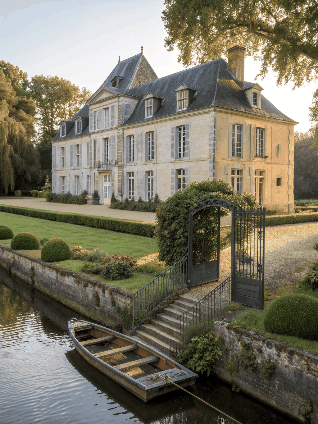 Grand French Renaissance castle mirrored in still moat waters flanked by geometric hedge gardens