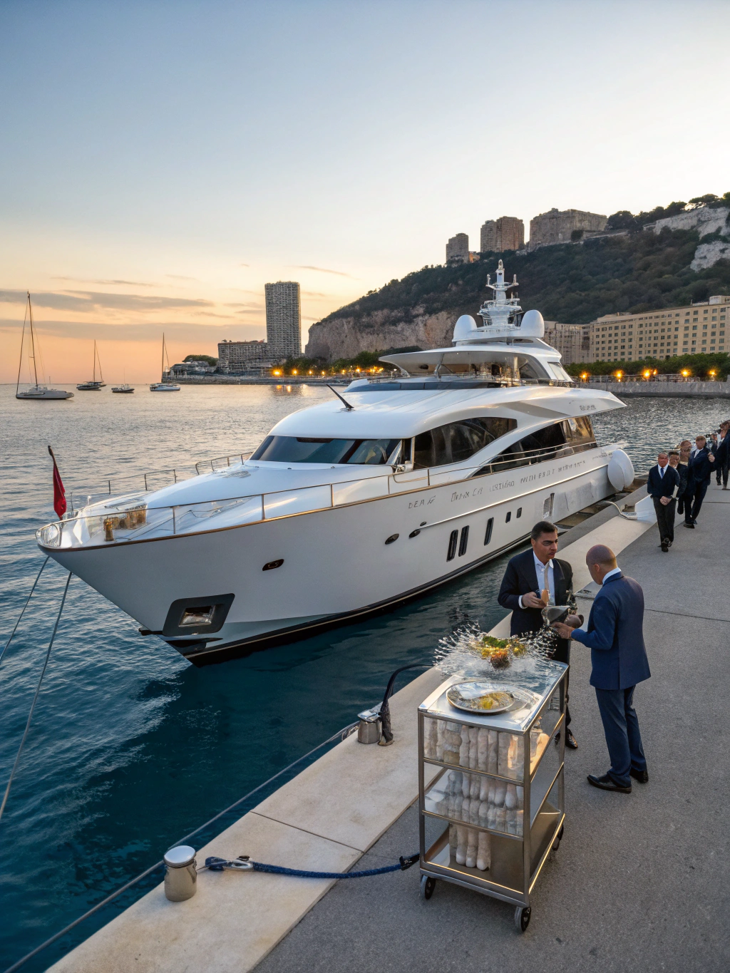 Luxury superyachts moored at Port Hercules in Monaco against backdrop of illuminated Belle Époque buildings