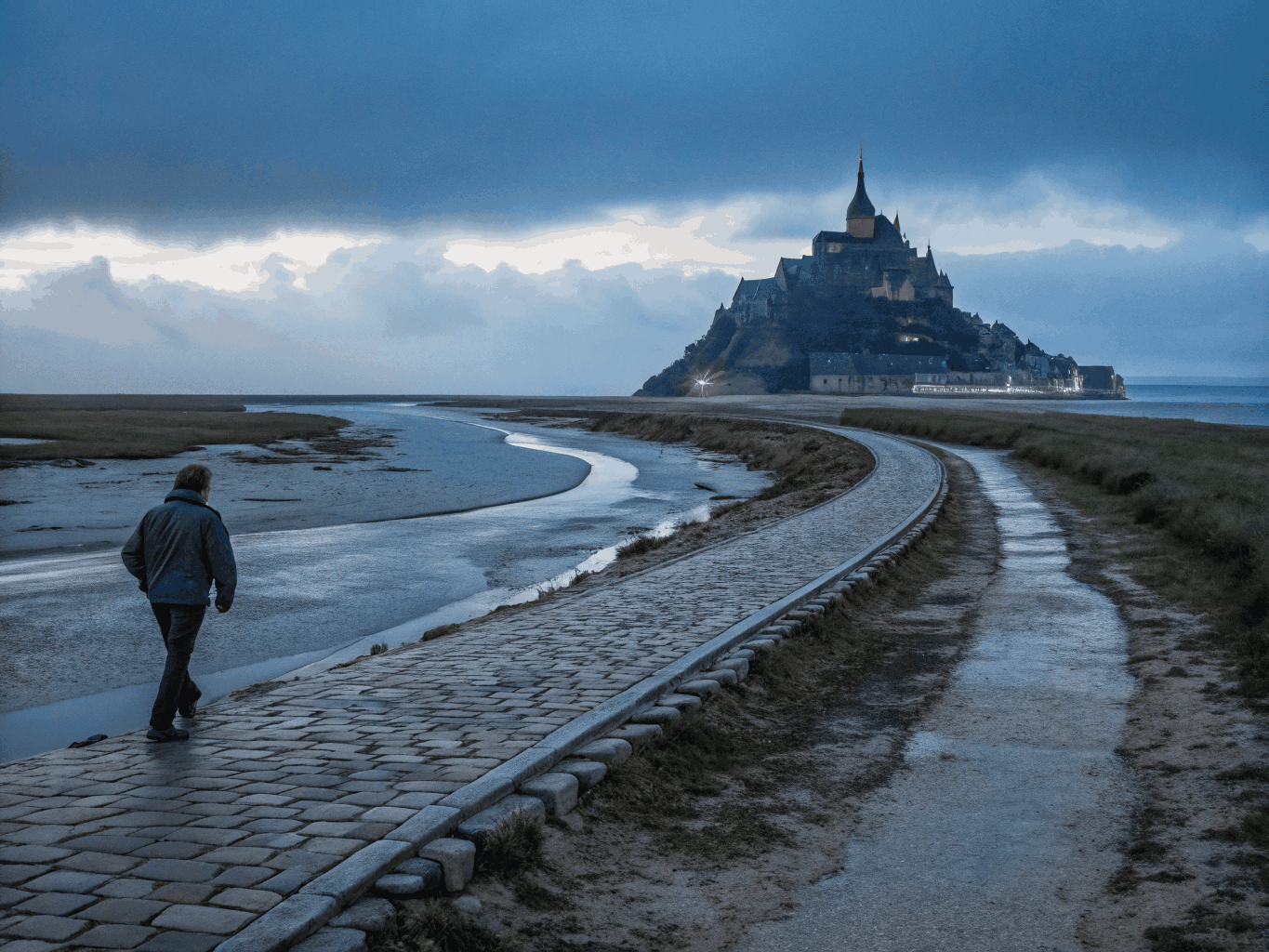 Historisk gotisk kloster som reiser seg fra tidevannsslettene i Normandie