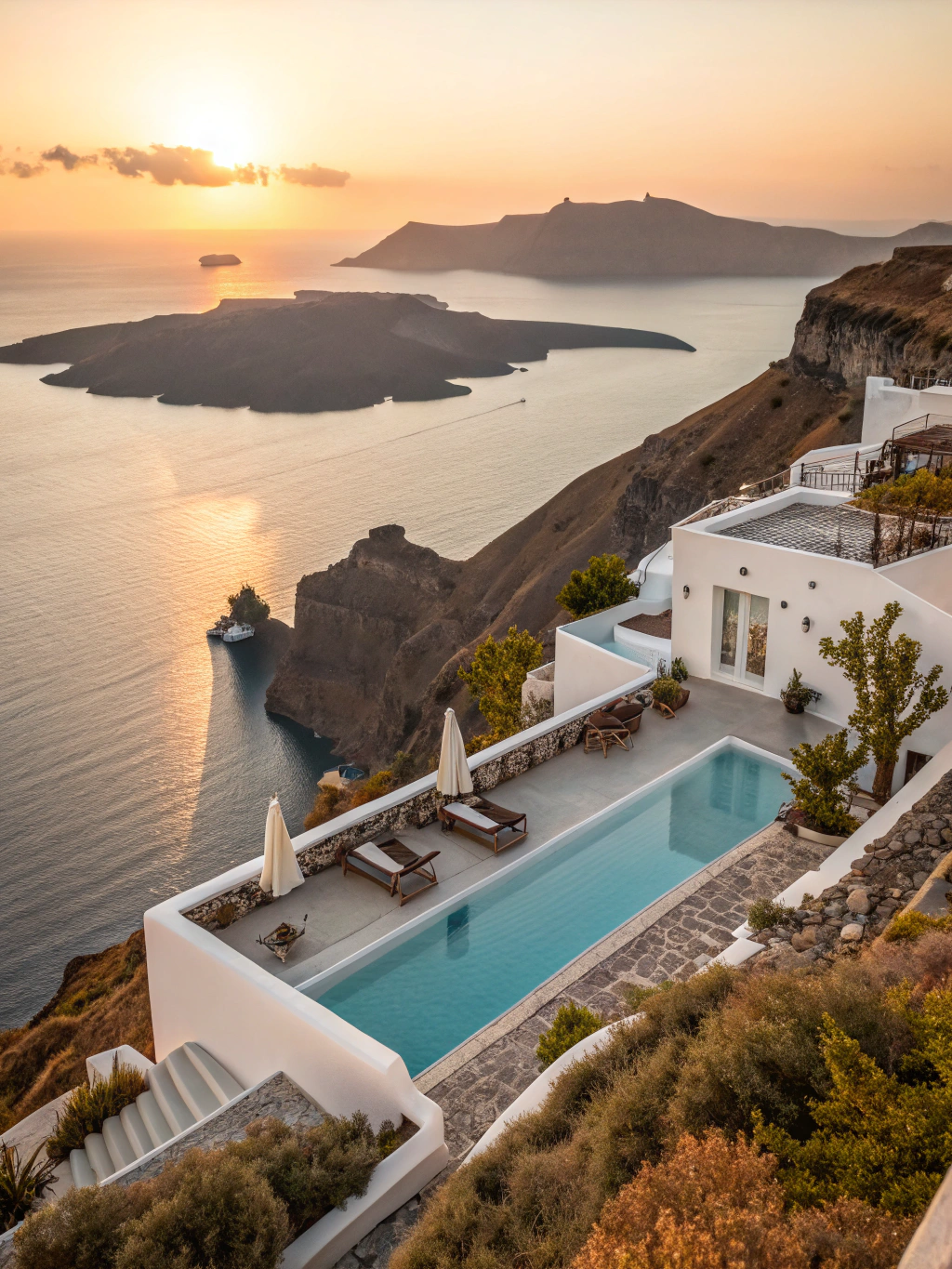 Whitewashed Cycladic villa with infinity pool perched over the turquoise Aegean sea in Mykonos