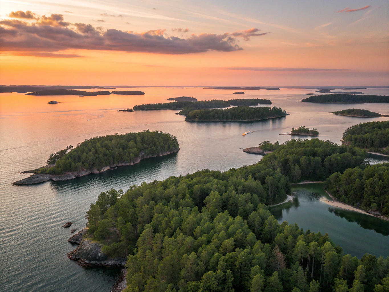 Red granite rocky shores and evergreen pine trees overlooking tranquil coastal waters in the Åland Islands