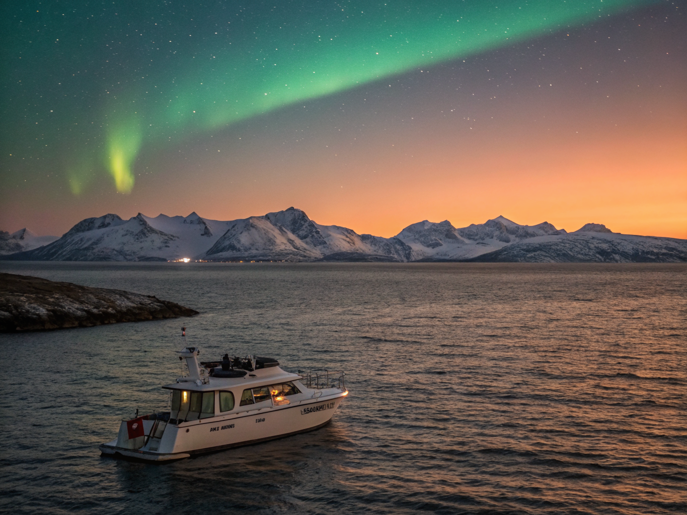 Golden midnight sun glowing over serene Arctic waters and mountainous islands during Nordic midsummer