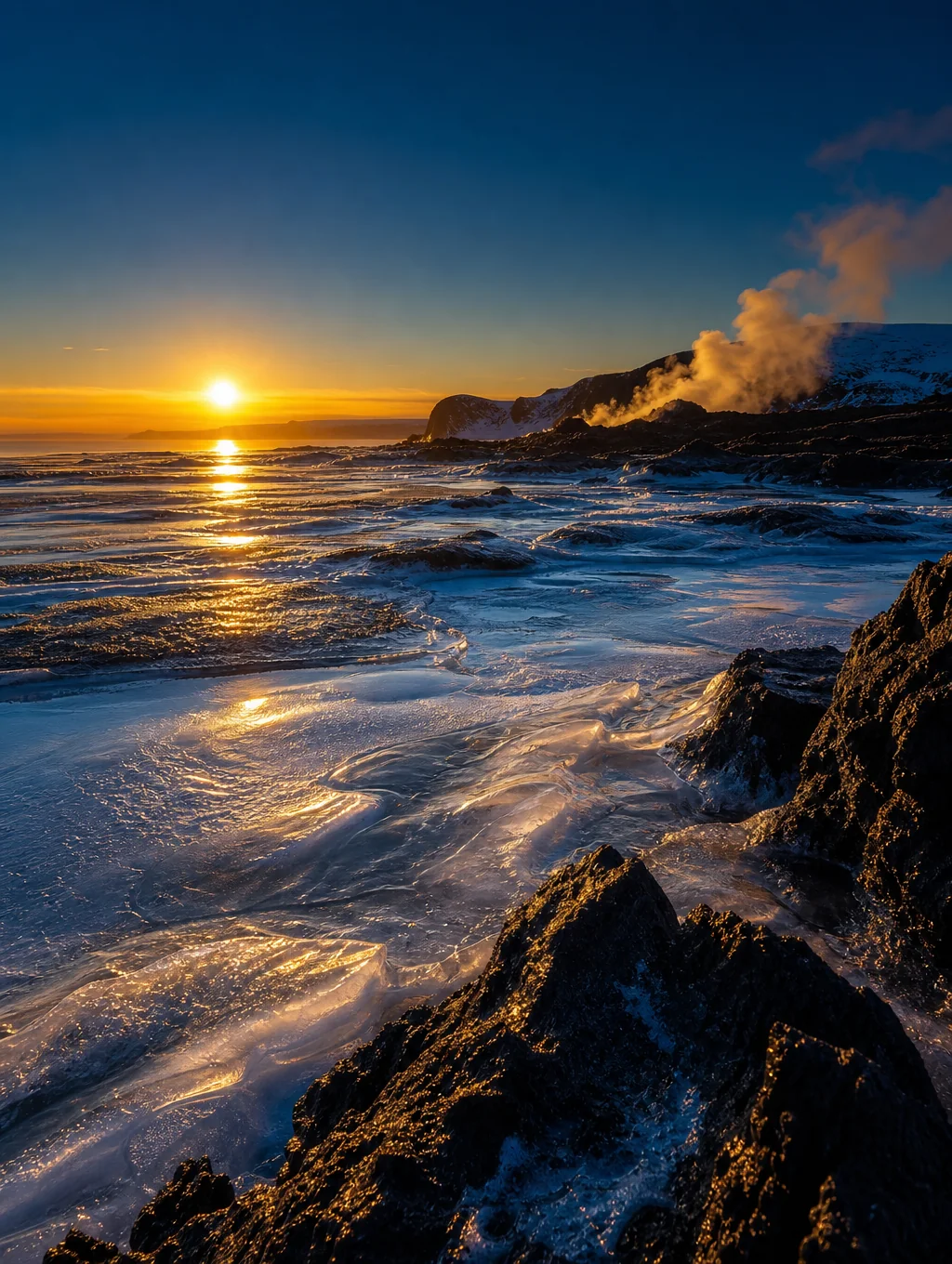 Golden midnight sun glowing over serene Arctic waters and mountainous islands during Nordic midsummer